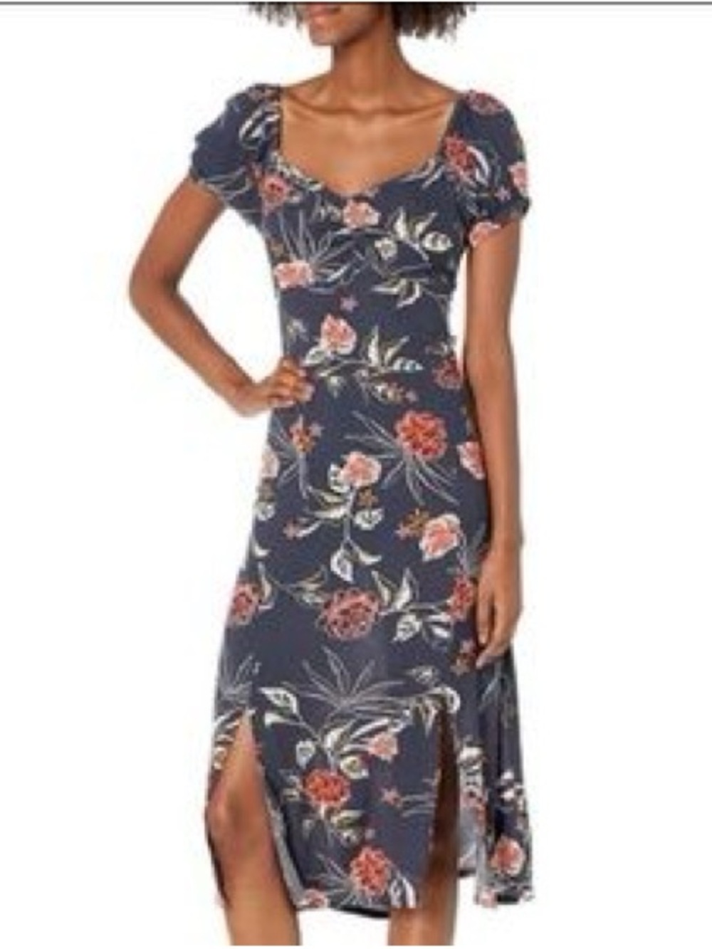 Roxy Navy Sweetheart Midi Dress with Coral Floral Print